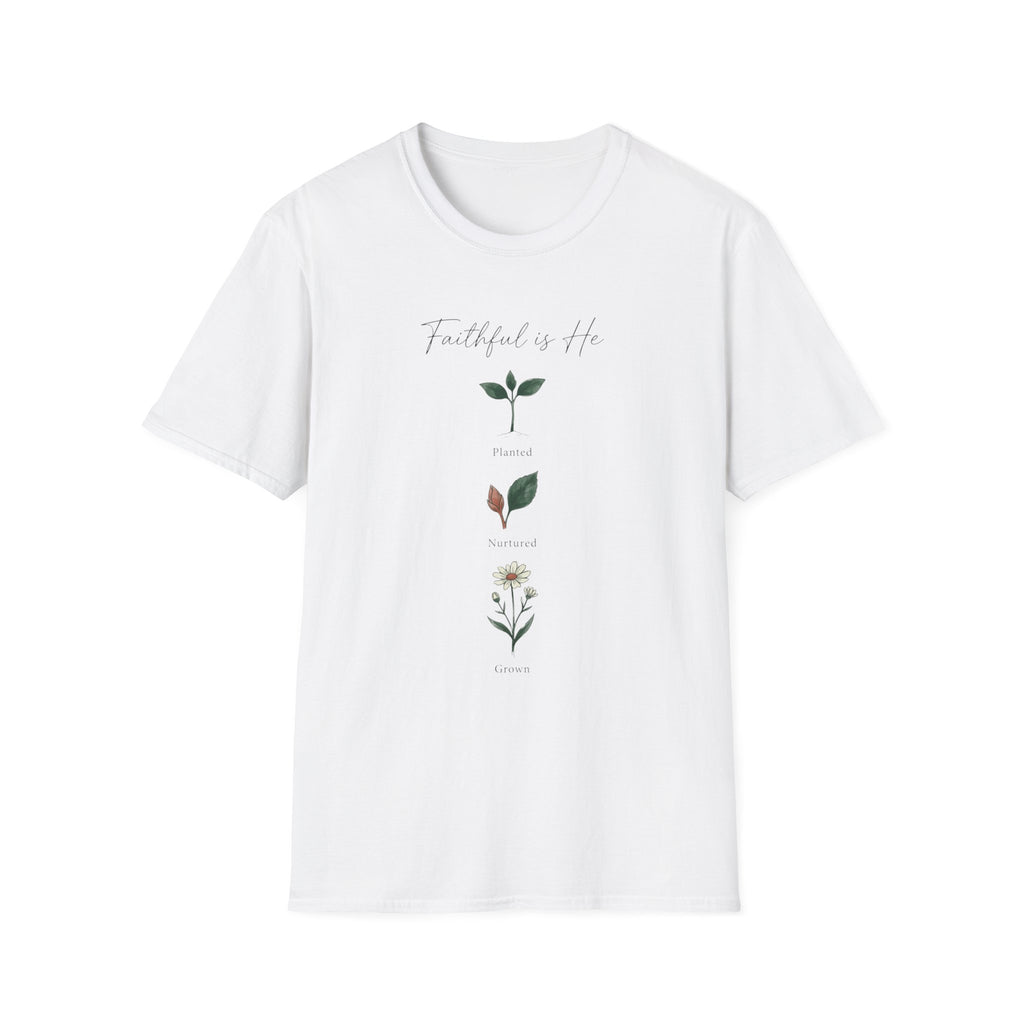 Faithful Is He homeschool mom graphic t-shirt with a faith-filled homeschool design with gentle lettering and classic illustrative details