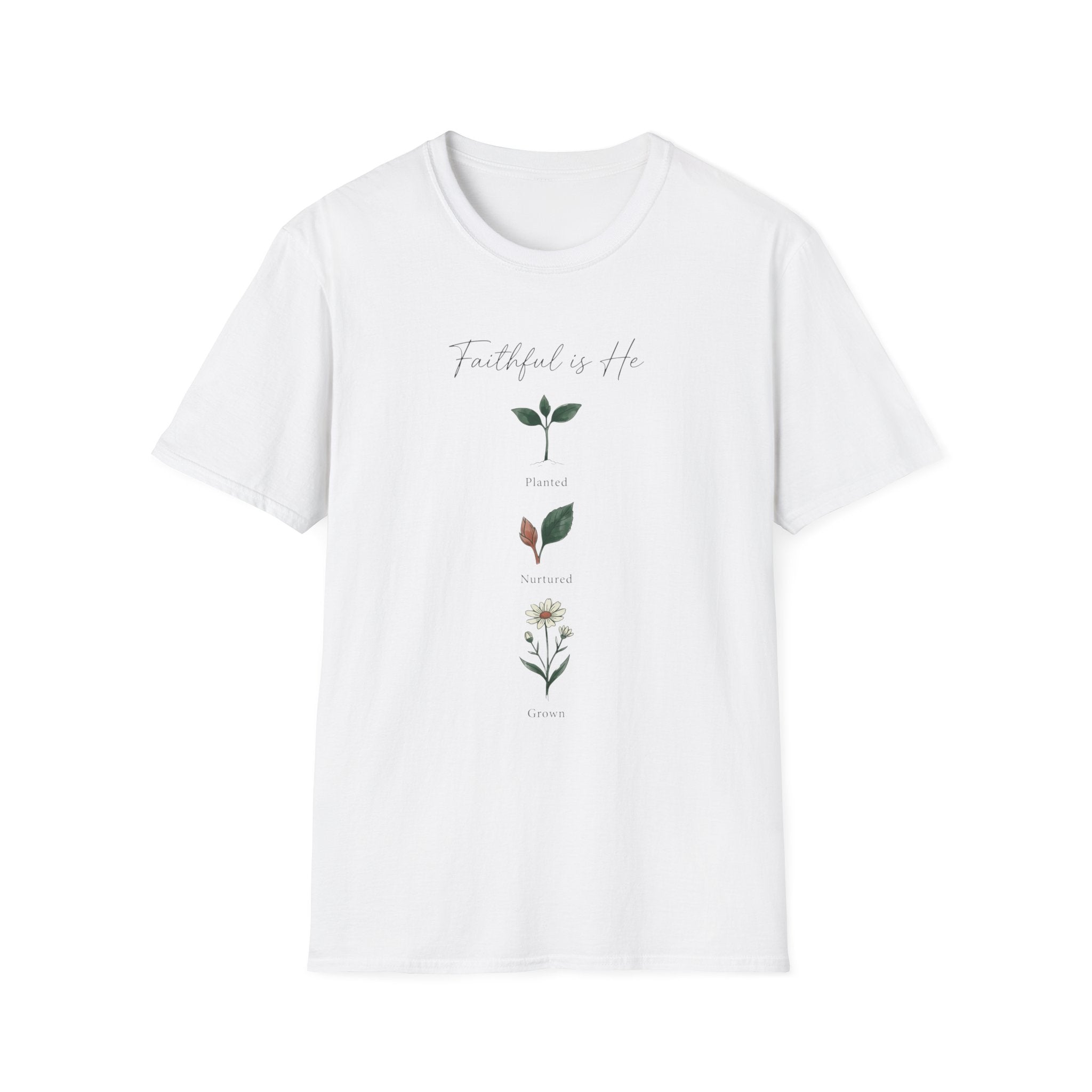 Faithful Is He homeschool mom graphic t-shirt with a faith-filled homeschool design with gentle lettering and classic illustrative details