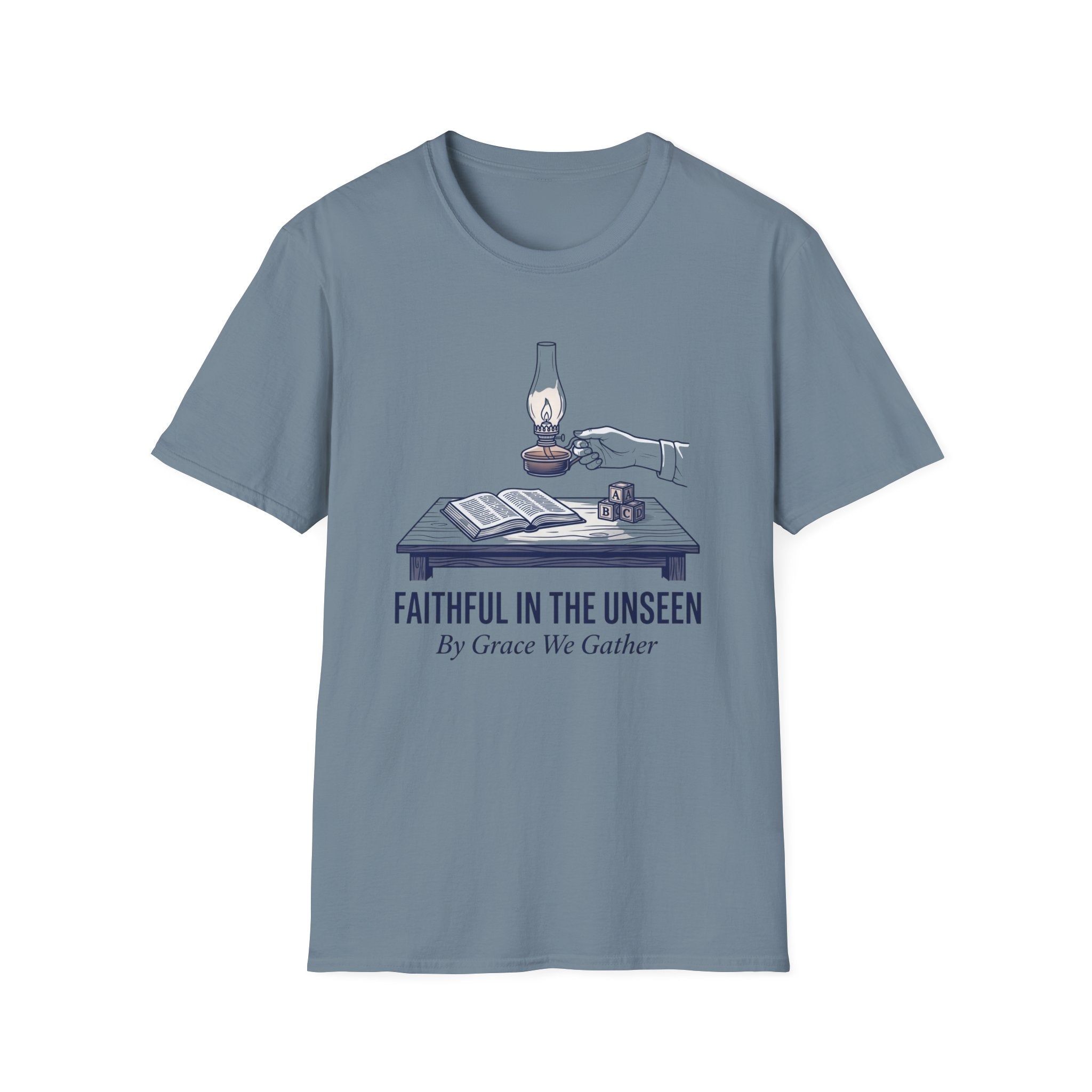 Faithful In The Unseen homeschool mom graphic t-shirt with a faith-filled homeschool design with gentle lettering and classic illustrative details