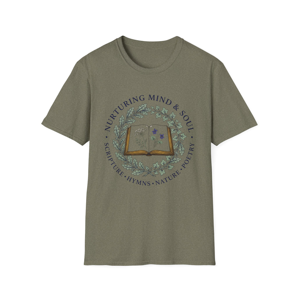 Nurturing Mind & Soul homeschool mom graphic t-shirt with a warm homeschool-inspired graphic with thoughtful lettering
