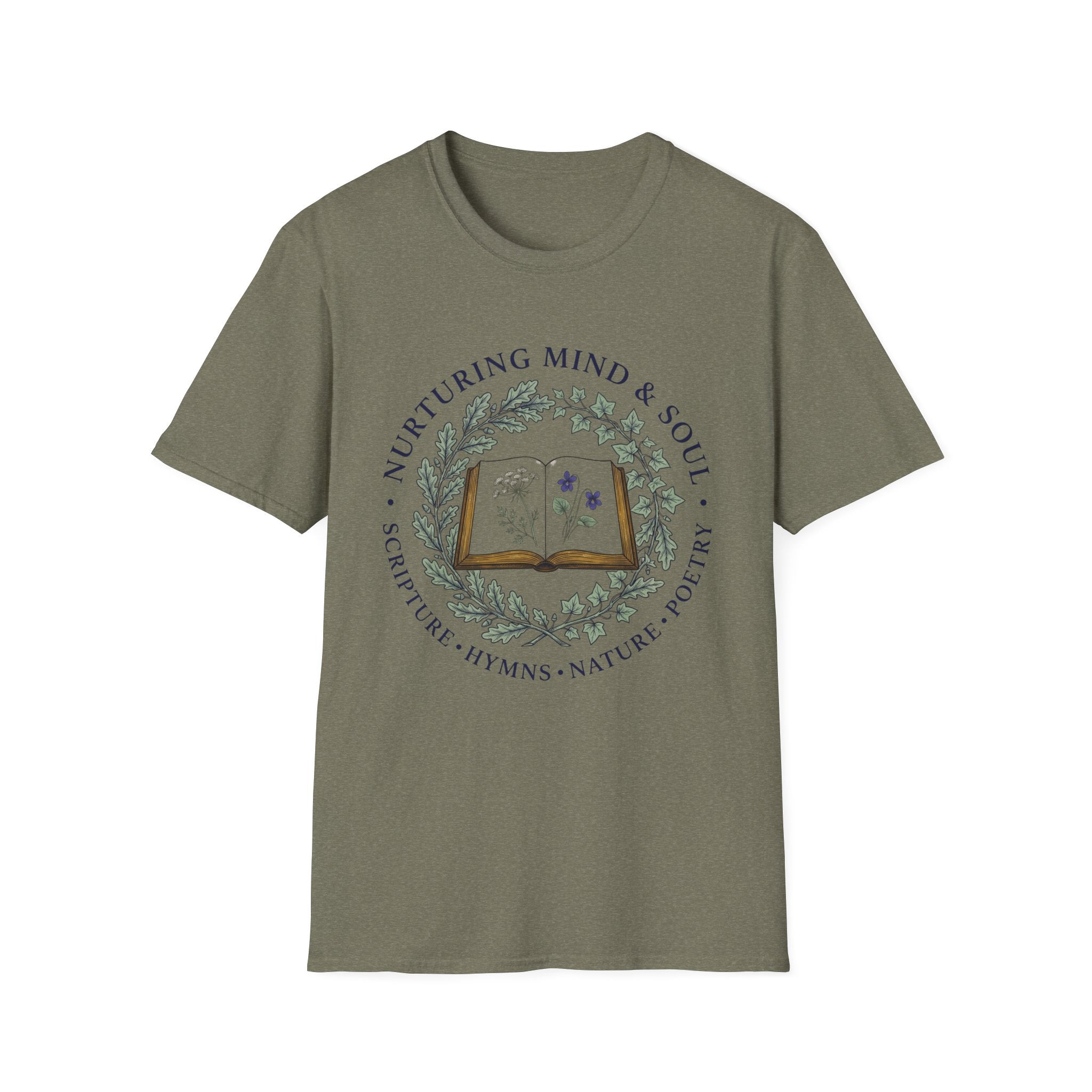 Nurturing Mind & Soul homeschool mom graphic t-shirt with a warm homeschool-inspired graphic with thoughtful lettering