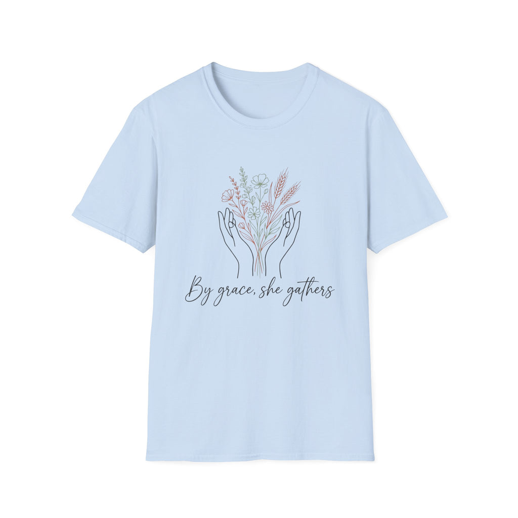 By Grace homeschool mom graphic t-shirt with a faith-filled homeschool design with gentle lettering and classic illustrative details