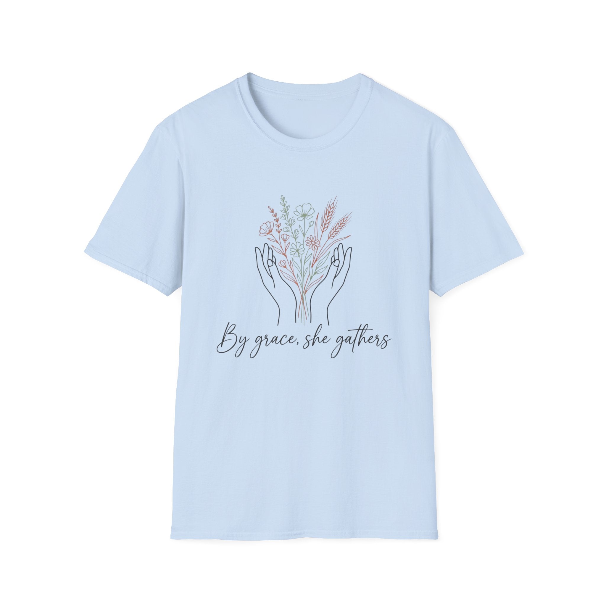 By Grace homeschool mom graphic t-shirt with a faith-filled homeschool design with gentle lettering and classic illustrative details
