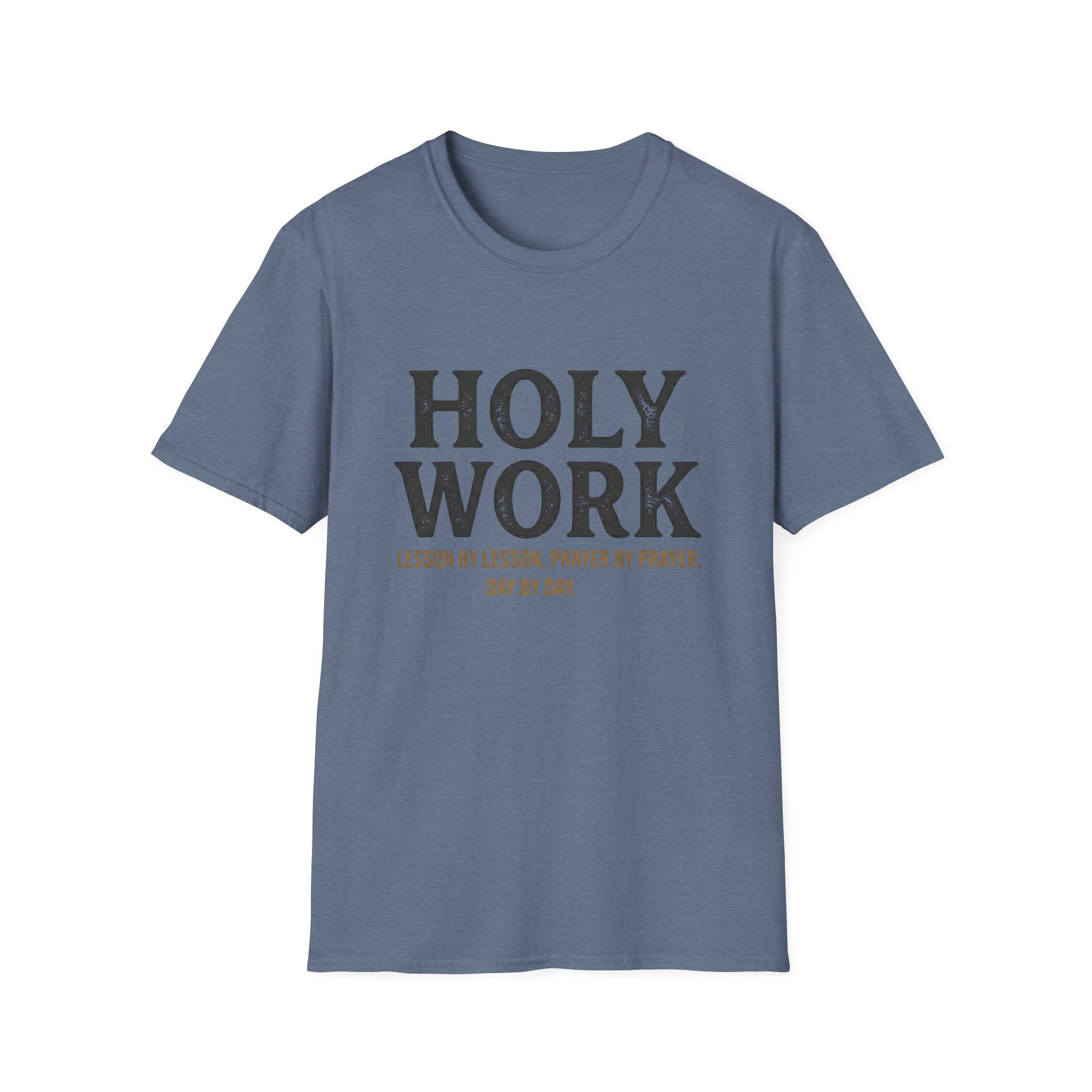 Holy Work homeschool mom graphic t-shirt with a faith-filled homeschool design with gentle lettering and classic illustrative details