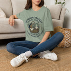 Morning Basket Strong Coffee homeschool mom graphic t-shirt with a cozy morning basket-inspired design with books, gentle details, and home learning charm