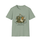 Gather, Read, Wonder, Grow homeschool mom graphic t-shirt with a gathered-at-home inspired graphic with books, florals, and cozy family learning details
