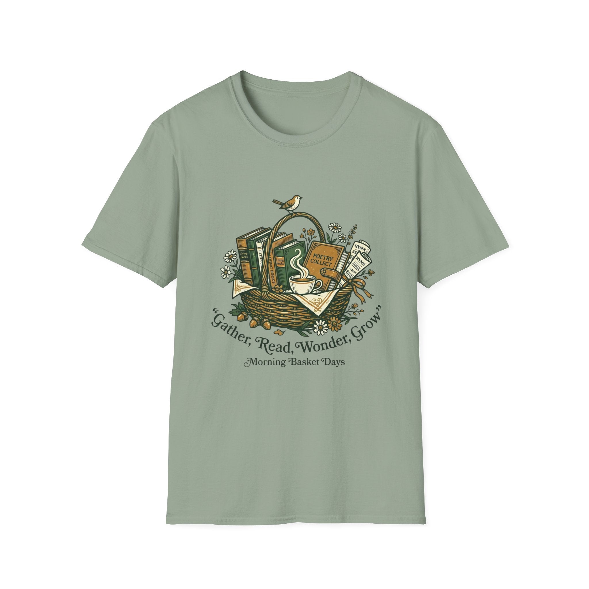 Gather, Read, Wonder, Grow homeschool mom graphic t-shirt with a gathered-at-home inspired graphic with books, florals, and cozy family learning details