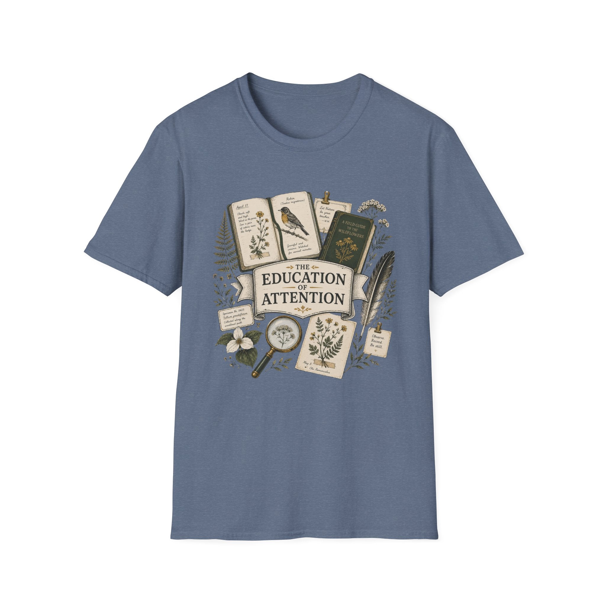 The Education Of Attention homeschool mom graphic t-shirt with a Charlotte Mason-inspired design with books, nature details, and vintage homeschool charm