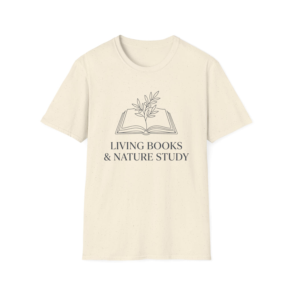 Living Books with Flowers homeschool mom graphic t-shirt with a Charlotte Mason-inspired design with books, nature details, and vintage homeschool charm