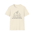 Living Books with Flowers homeschool mom graphic t-shirt with a Charlotte Mason-inspired design with books, nature details, and vintage homeschool charm