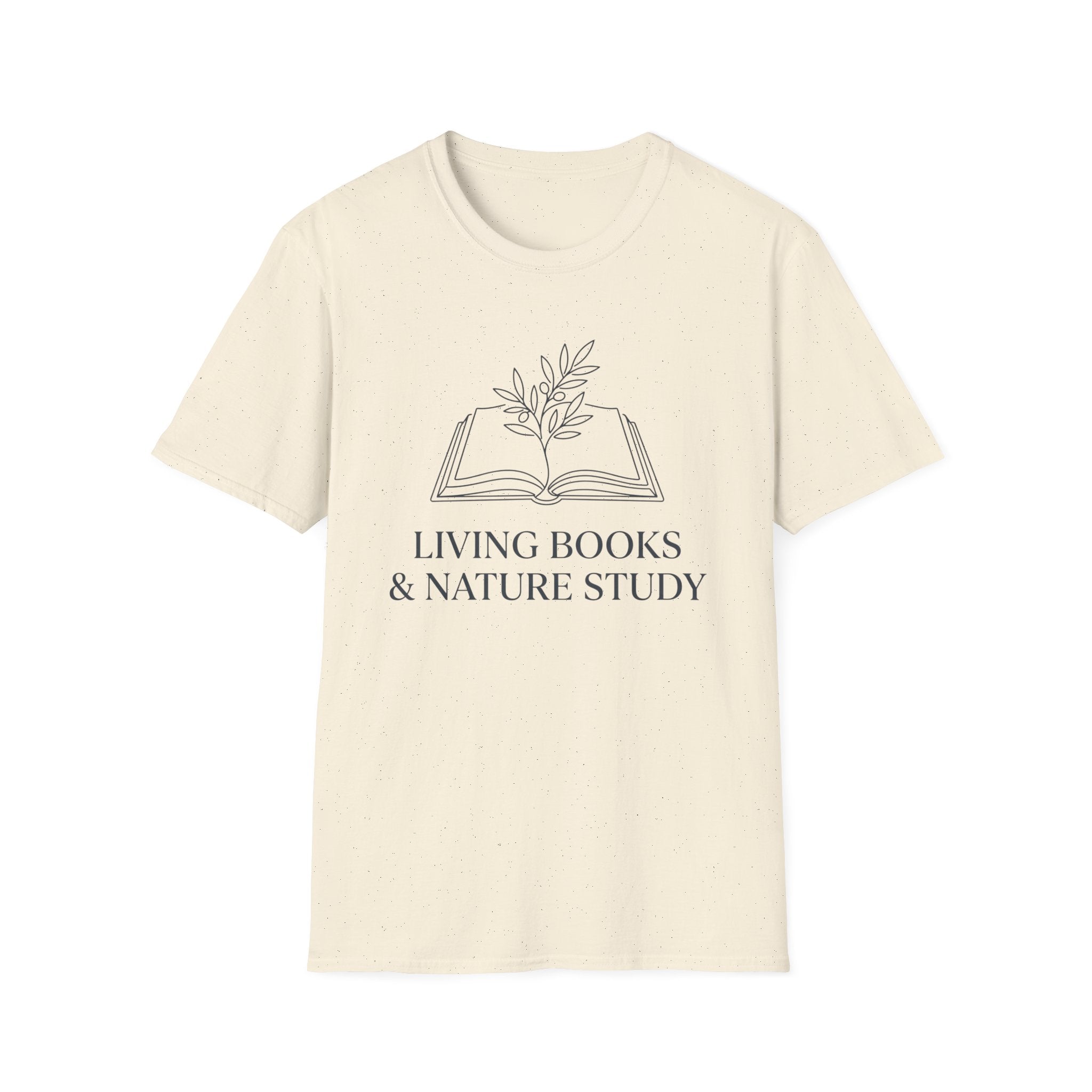 Living Books with Flowers homeschool mom graphic t-shirt with a Charlotte Mason-inspired design with books, nature details, and vintage homeschool charm