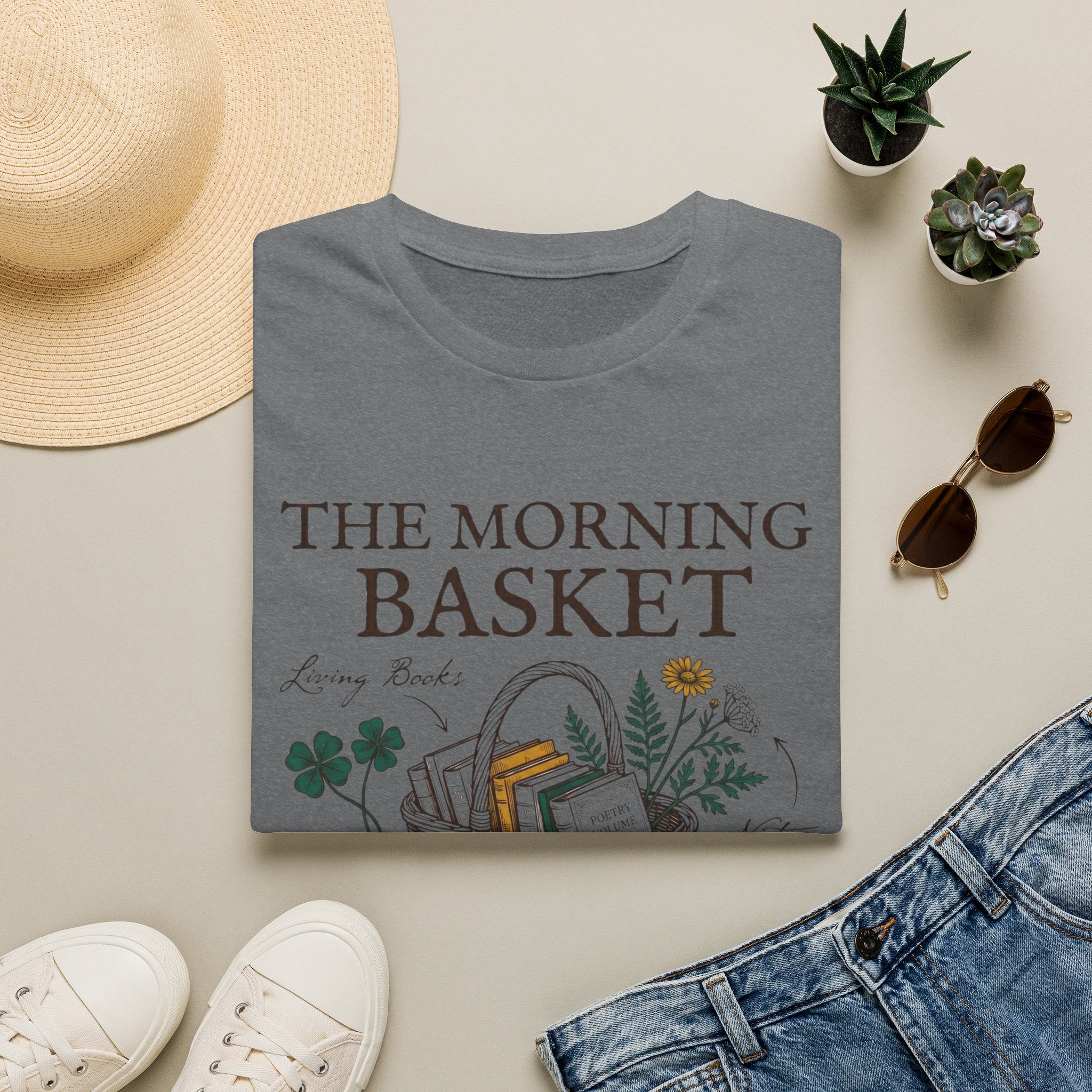 The Morning Basket homeschool mom graphic t-shirt with a cozy morning basket-inspired design with books, gentle details, and home learning charm