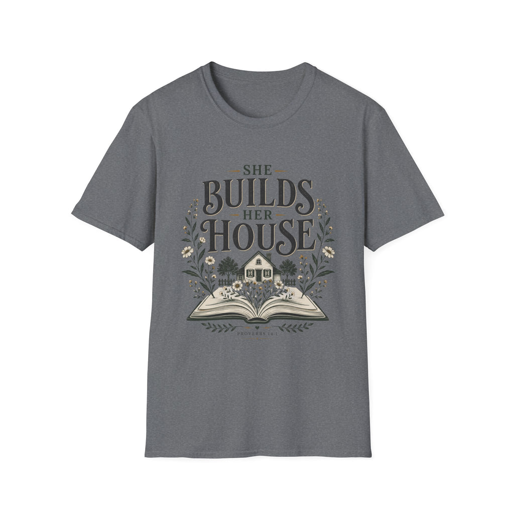 She Builds Her House homeschool mom graphic t-shirt with a faith-filled homeschool design with gentle lettering and classic illustrative details