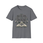 She Builds Her House homeschool mom graphic t-shirt with a faith-filled homeschool design with gentle lettering and classic illustrative details