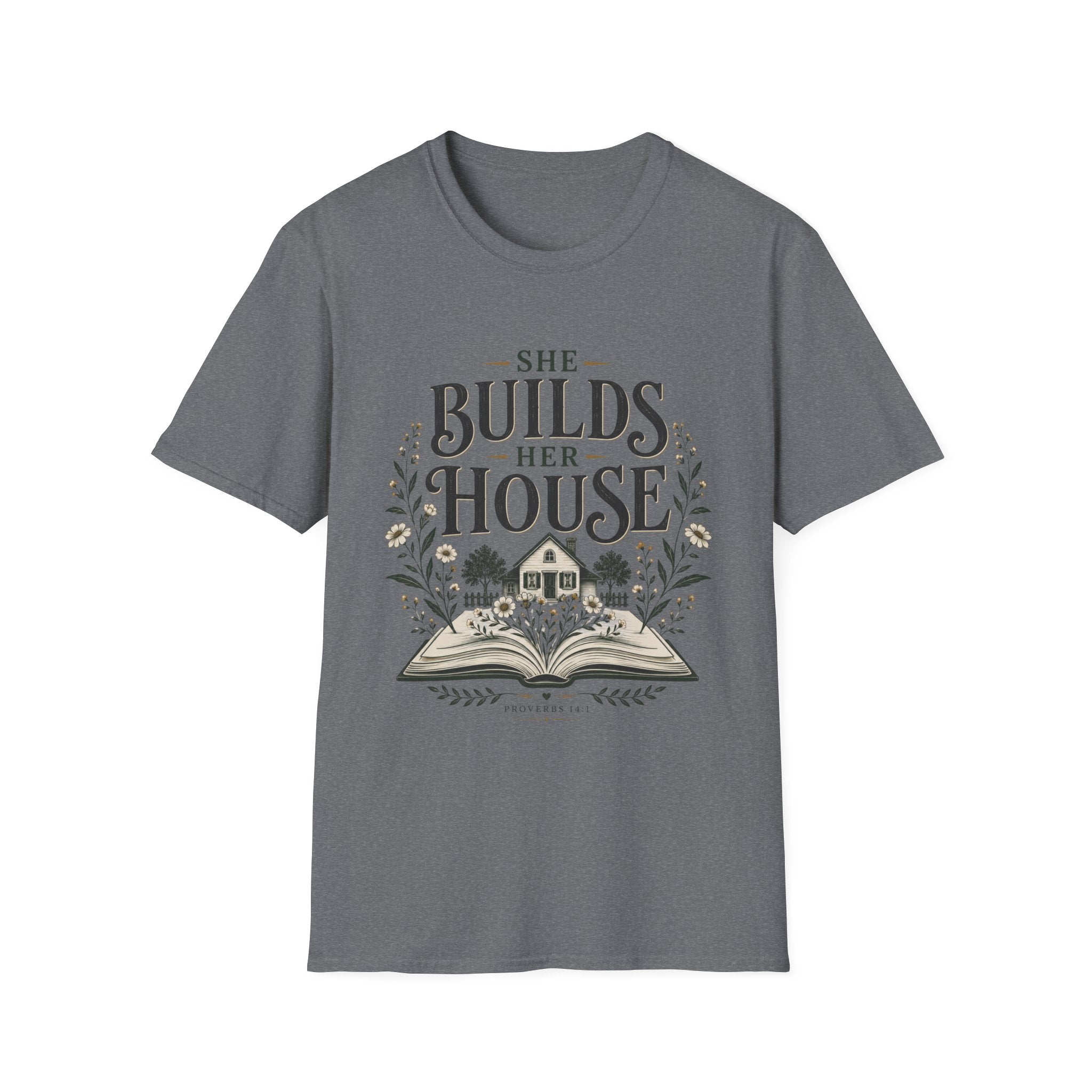 She Builds Her House homeschool mom graphic t-shirt with a faith-filled homeschool design with gentle lettering and classic illustrative details