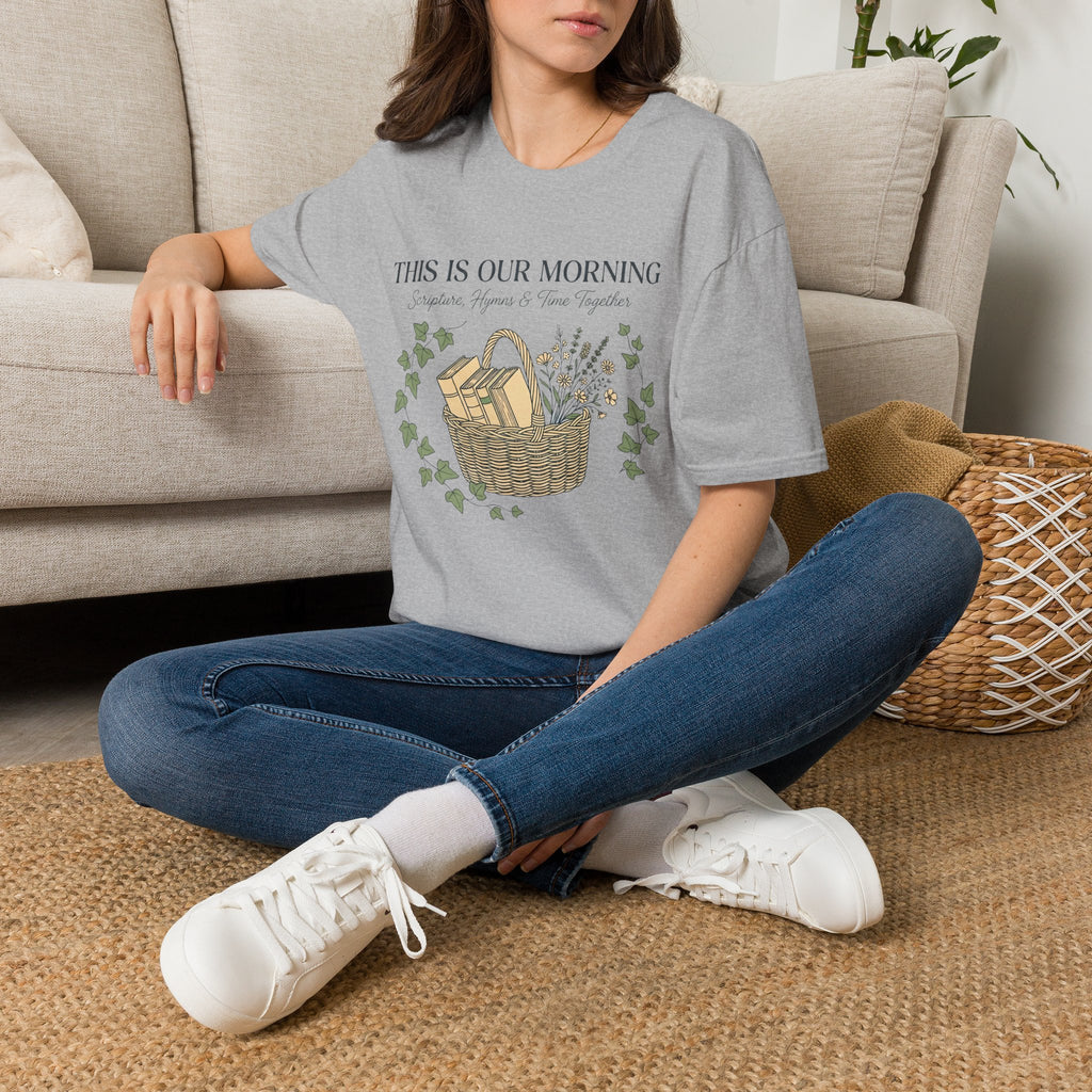 This Is Our Morning homeschool mom graphic t-shirt with a gathered-at-home inspired graphic with books, florals, and cozy family learning details