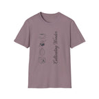 Cultivating Wonder homeschool mom graphic t-shirt with a Charlotte Mason-inspired design with books, nature details, and vintage homeschool charm