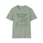 Morning Basket homeschool mom graphic t-shirt with a cozy morning basket-inspired design with books, gentle details, and home learning charm
