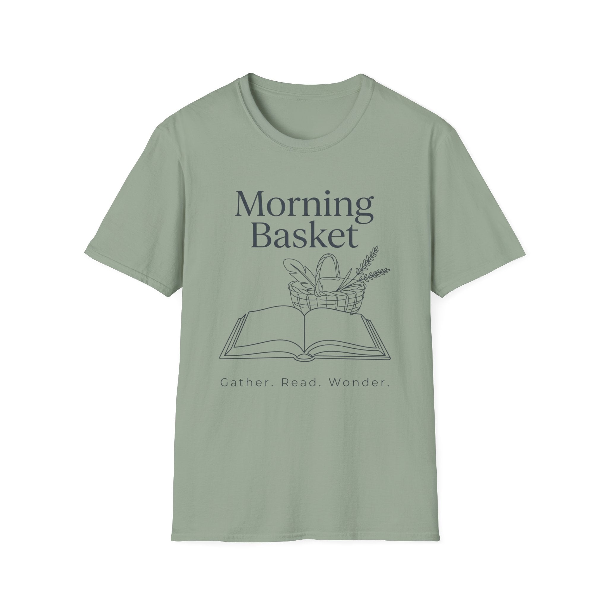 Morning Basket homeschool mom graphic t-shirt with a cozy morning basket-inspired design with books, gentle details, and home learning charm