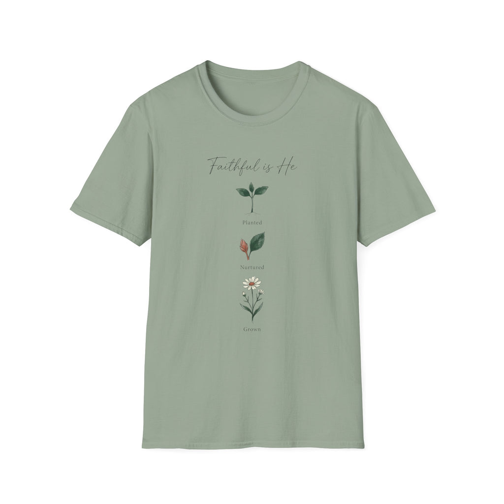 Faithful Is He homeschool mom graphic t-shirt with a faith-filled homeschool design with gentle lettering and classic illustrative details