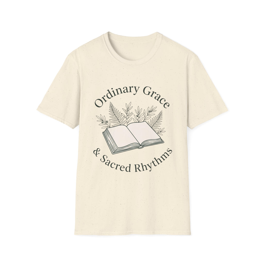 Ordinary Grace homeschool mom graphic t-shirt with a faith-filled homeschool design with gentle lettering and classic illustrative details