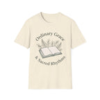Ordinary Grace homeschool mom graphic t-shirt with a faith-filled homeschool design with gentle lettering and classic illustrative details