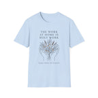 Steady, Faithful, Not Forgotten homeschool mom graphic t-shirt with a faith-filled homeschool design with gentle lettering and classic illustrative details