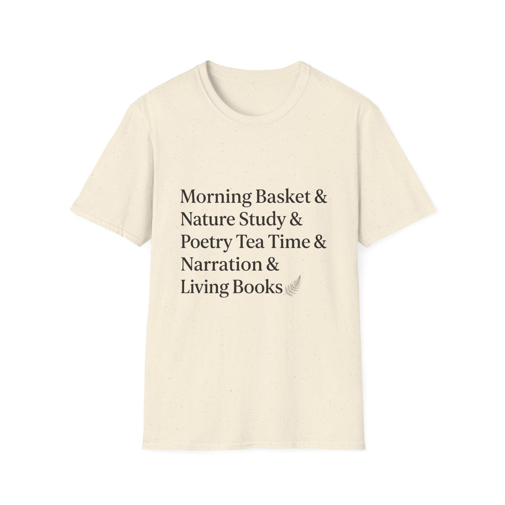 Living Books Check List homeschool mom graphic t-shirt with a playful checklist-style homeschool graphic with bookish and nature-inspired details