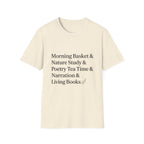 Living Books Check List homeschool mom graphic t-shirt with a playful checklist-style homeschool graphic with bookish and nature-inspired details