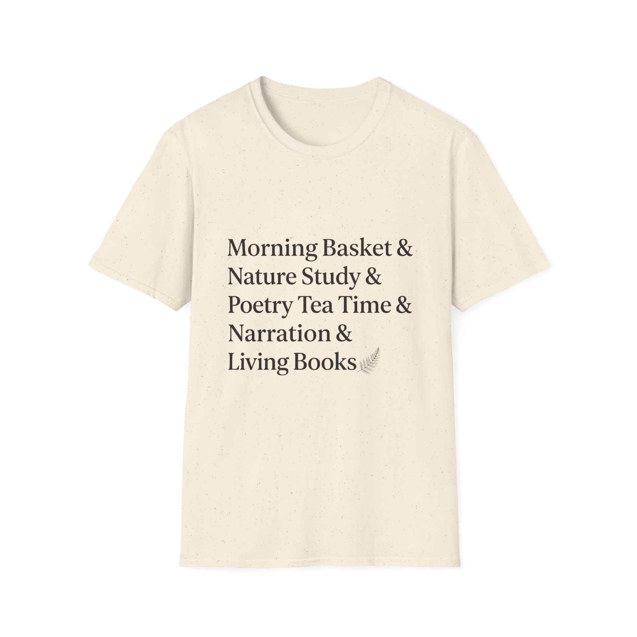 Living Books Check List homeschool mom graphic t-shirt with a playful checklist-style homeschool graphic with bookish and nature-inspired details