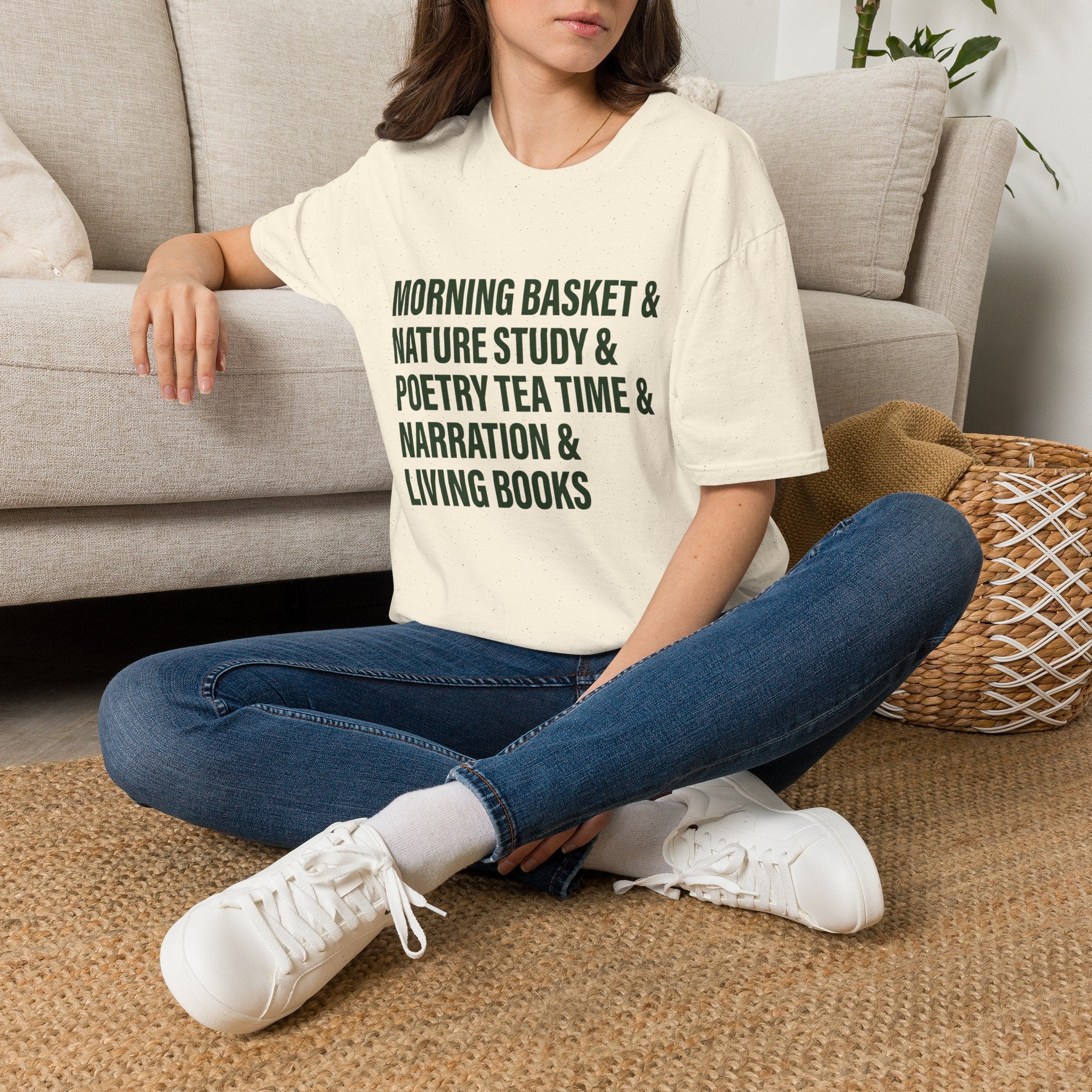 Narration Check List homeschool mom graphic t-shirt with a playful checklist-style homeschool graphic with bookish and nature-inspired details