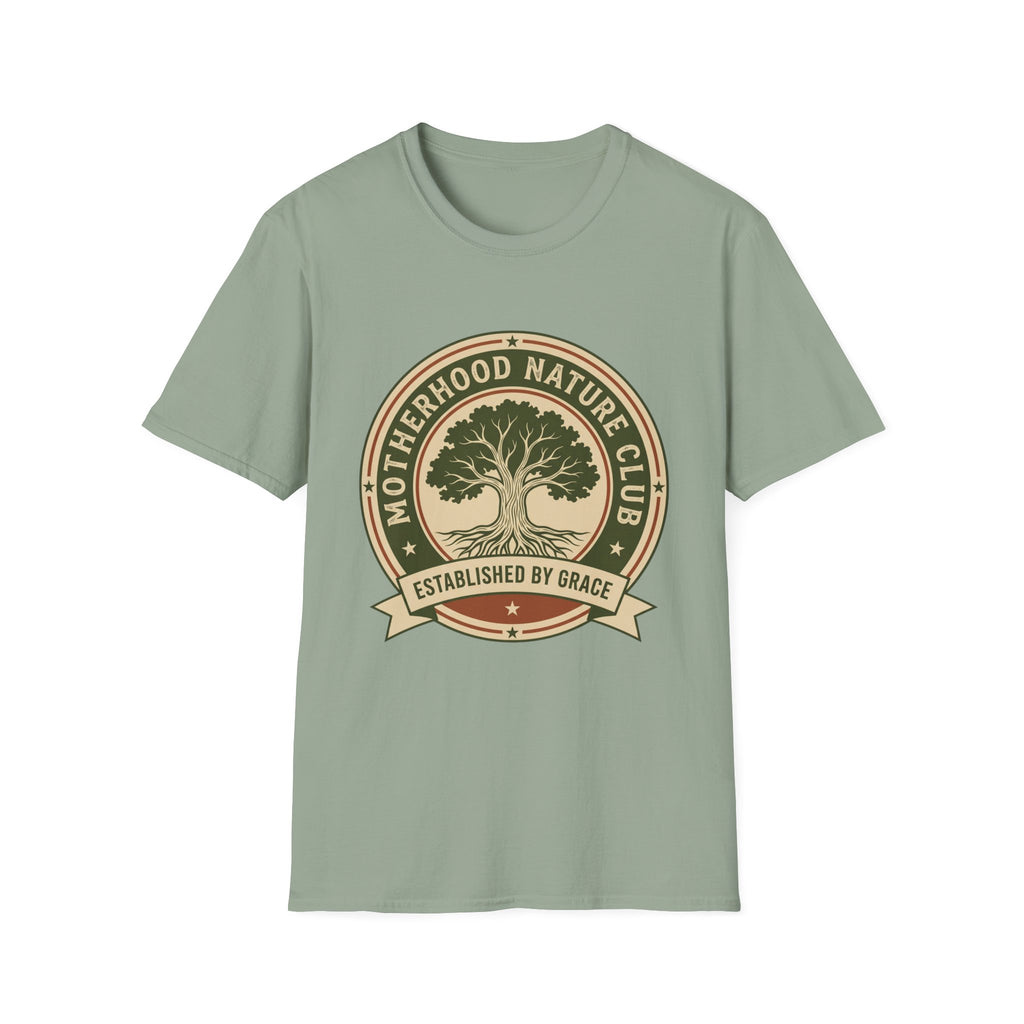 Motherhood Nature Club homeschool mom graphic t-shirt with a faith-filled homeschool design with gentle lettering and classic illustrative details