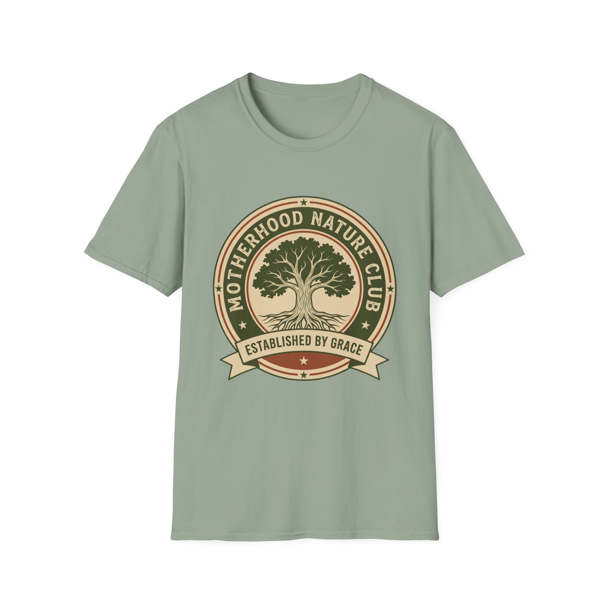 Motherhood Nature Club homeschool mom graphic t-shirt with a faith-filled homeschool design with gentle lettering and classic illustrative details