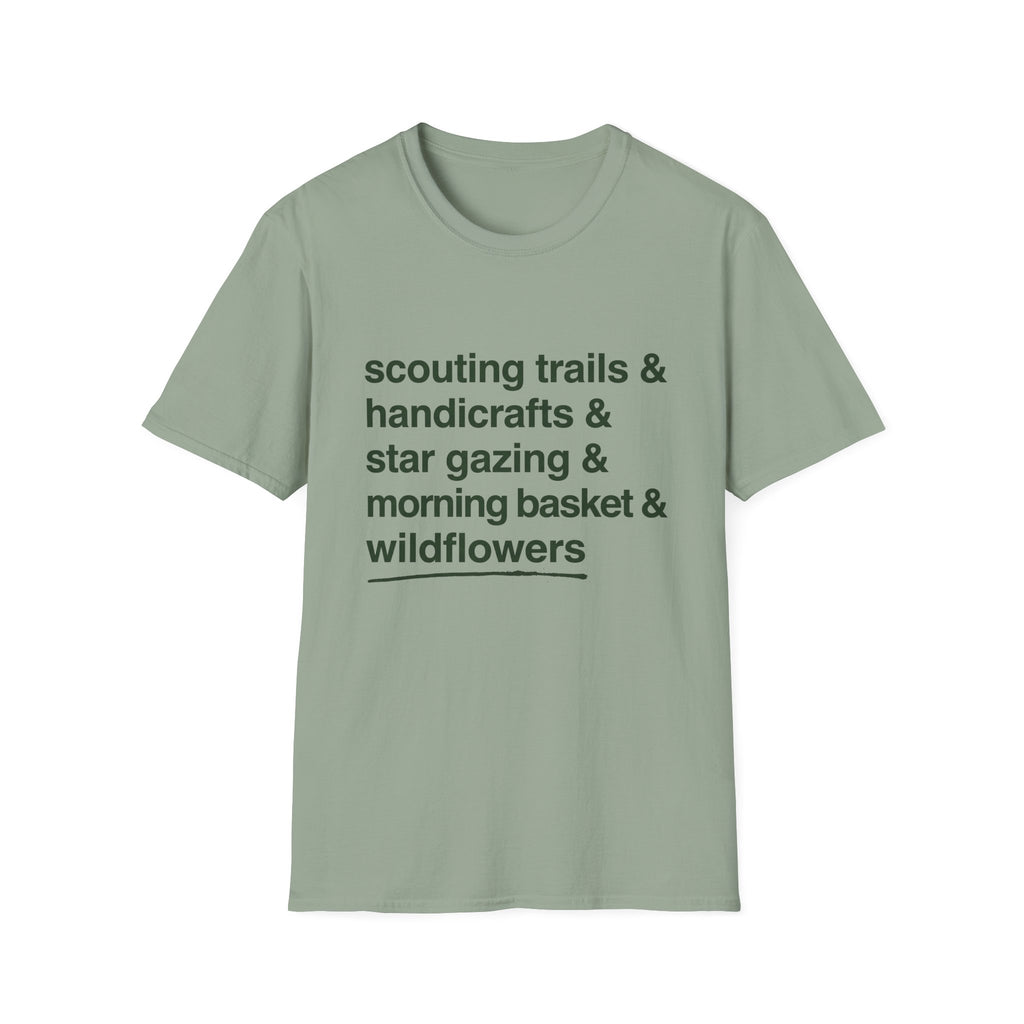 Scouting Trails Check List homeschool mom graphic t-shirt with a playful checklist-style homeschool graphic with bookish and nature-inspired details