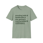 Scouting Trails Check List homeschool mom graphic t-shirt with a playful checklist-style homeschool graphic with bookish and nature-inspired details