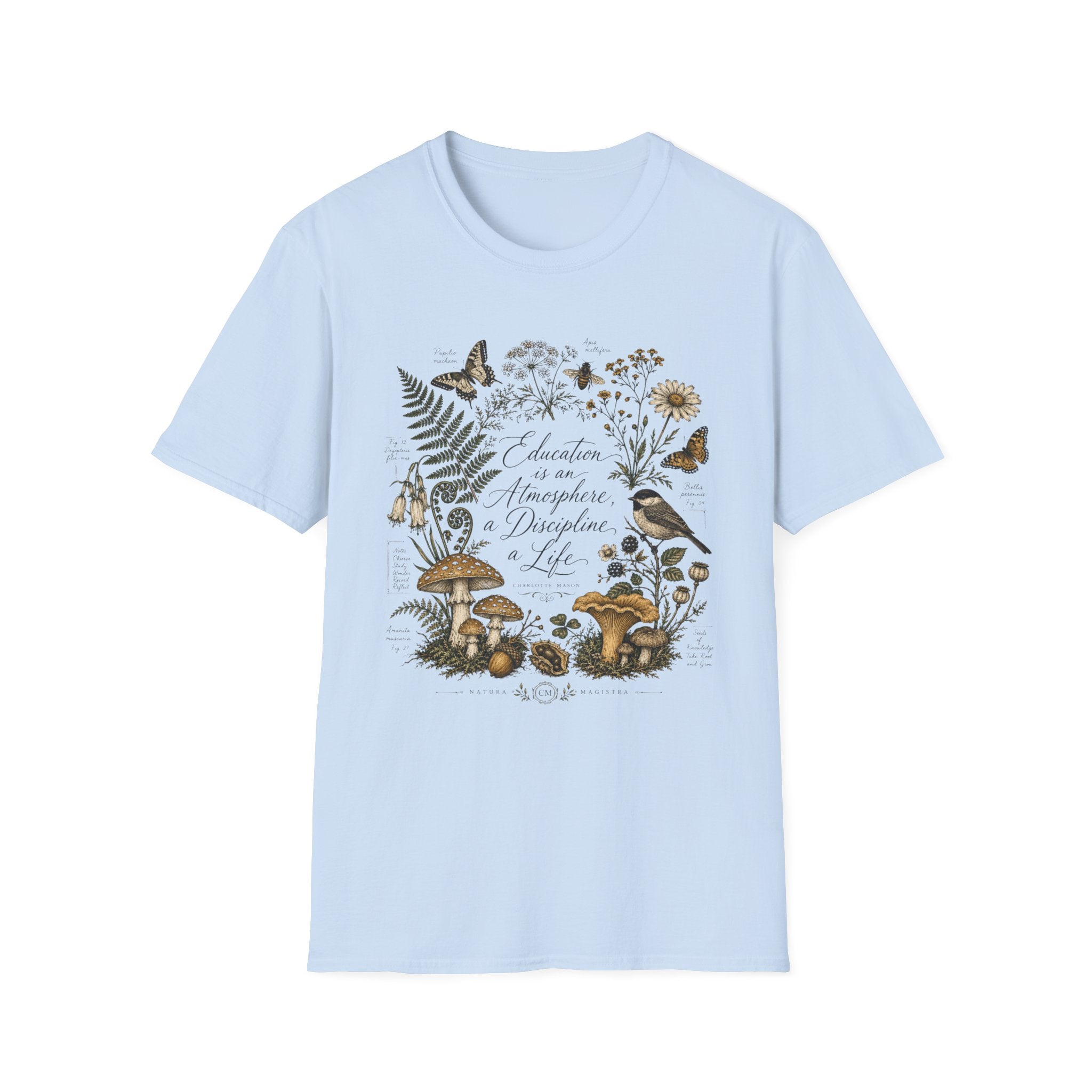 Education Is An Atmosphere homeschool mom graphic t-shirt with a Charlotte Mason-inspired design with books, nature details, and vintage homeschool charm