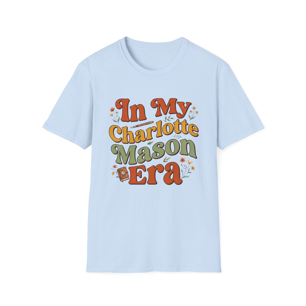 In My Charlotte Mason Era homeschool mom graphic t-shirt with a Charlotte Mason-inspired design with books, nature details, and vintage homeschool charm
