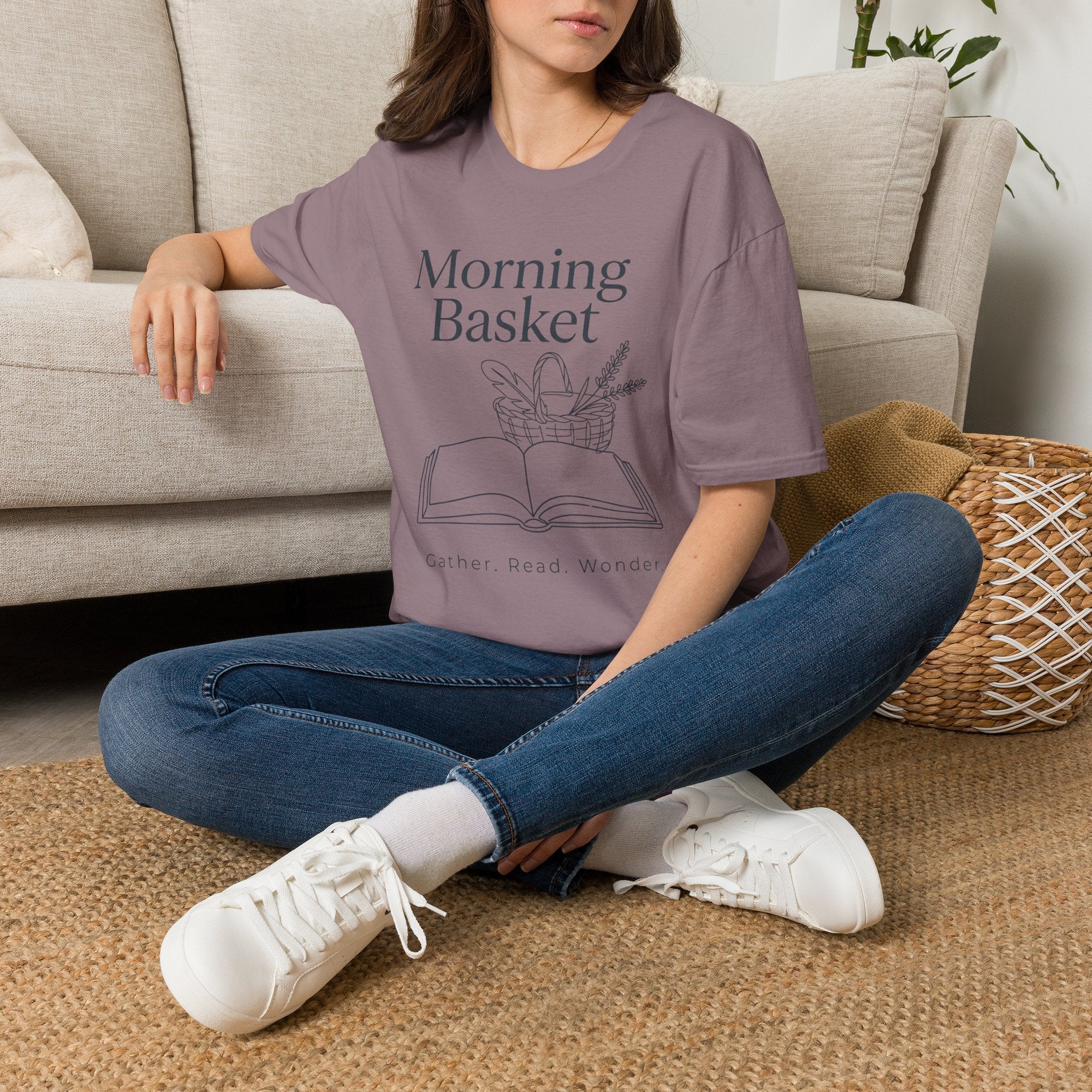 Morning Basket homeschool mom graphic t-shirt with a cozy morning basket-inspired design with books, gentle details, and home learning charm