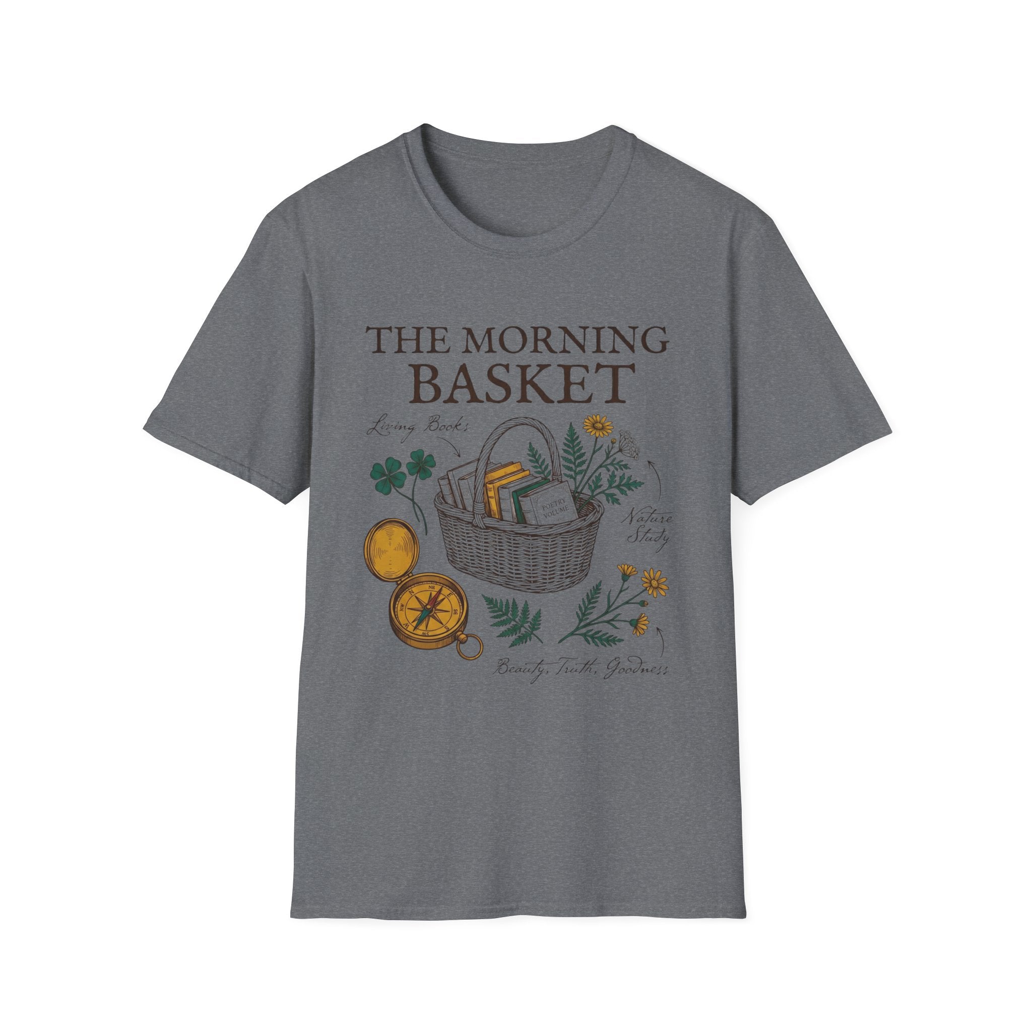 The Morning Basket homeschool mom graphic t-shirt with a cozy morning basket-inspired design with books, gentle details, and home learning charm
