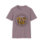 The World Is Our Classroom homeschool mom graphic t-shirt with an adventurous homeschool graphic with nature, books, and outdoor learning energy