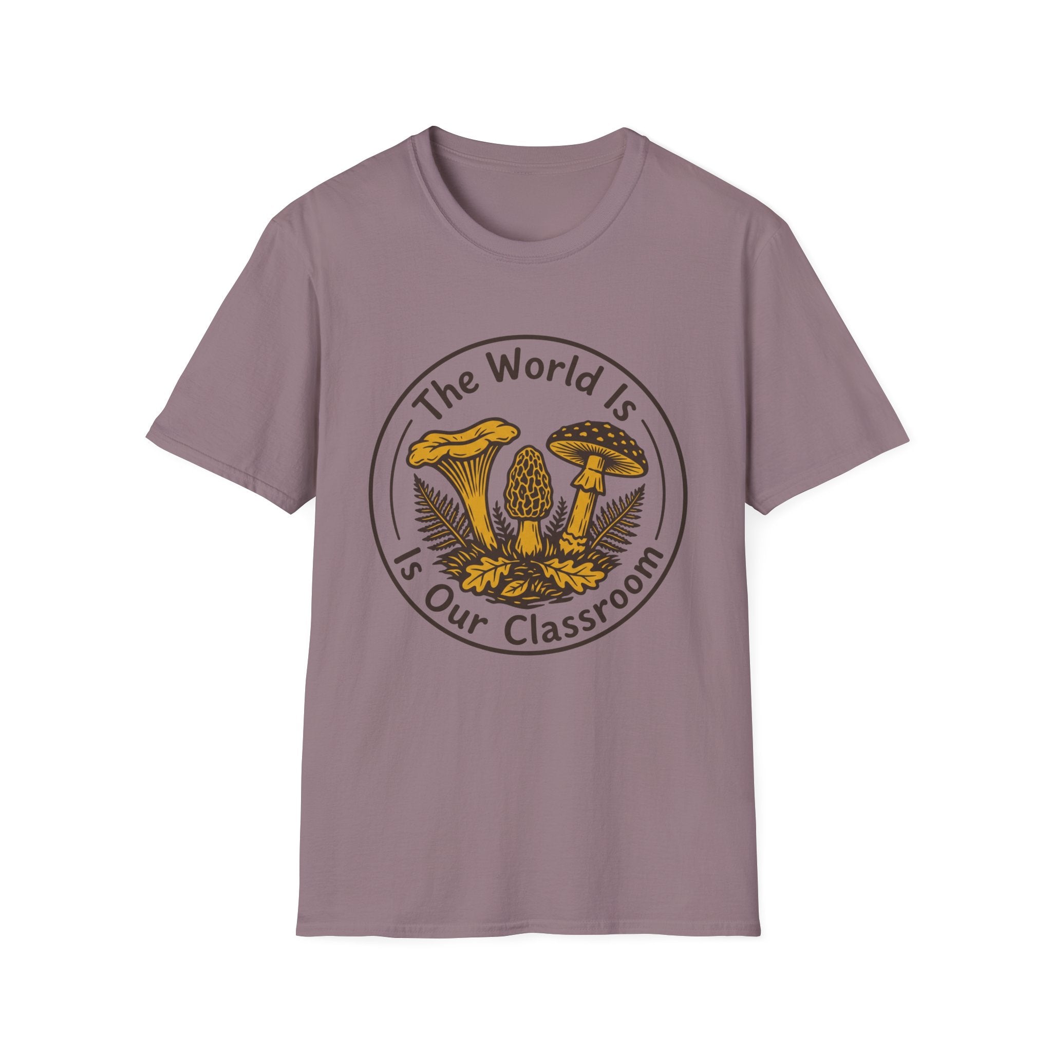 The World Is Our Classroom homeschool mom graphic t-shirt with an adventurous homeschool graphic with nature, books, and outdoor learning energy