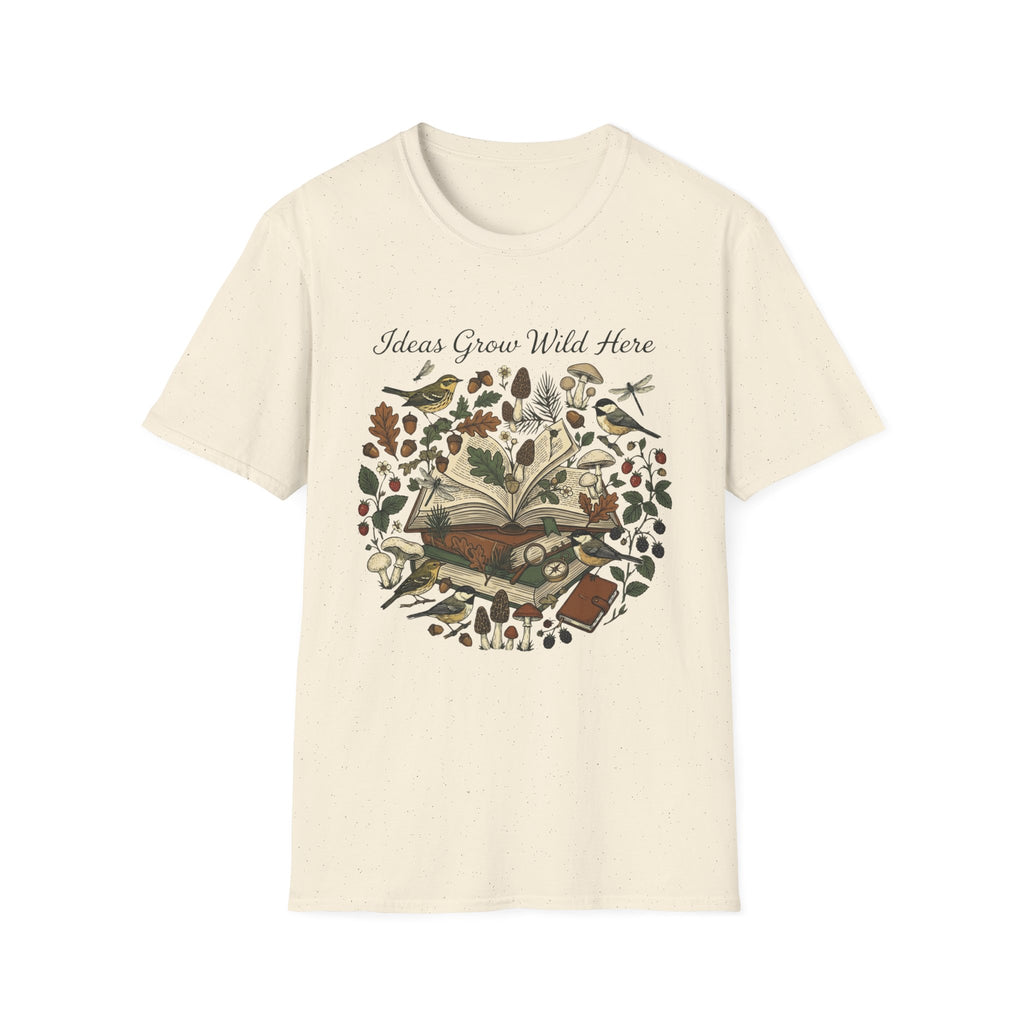 Ideas Grow Wild Here homeschool mom graphic t-shirt with an adventurous homeschool graphic with nature, books, and outdoor learning energy