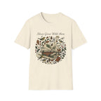 Ideas Grow Wild Here homeschool mom graphic t-shirt with an adventurous homeschool graphic with nature, books, and outdoor learning energy