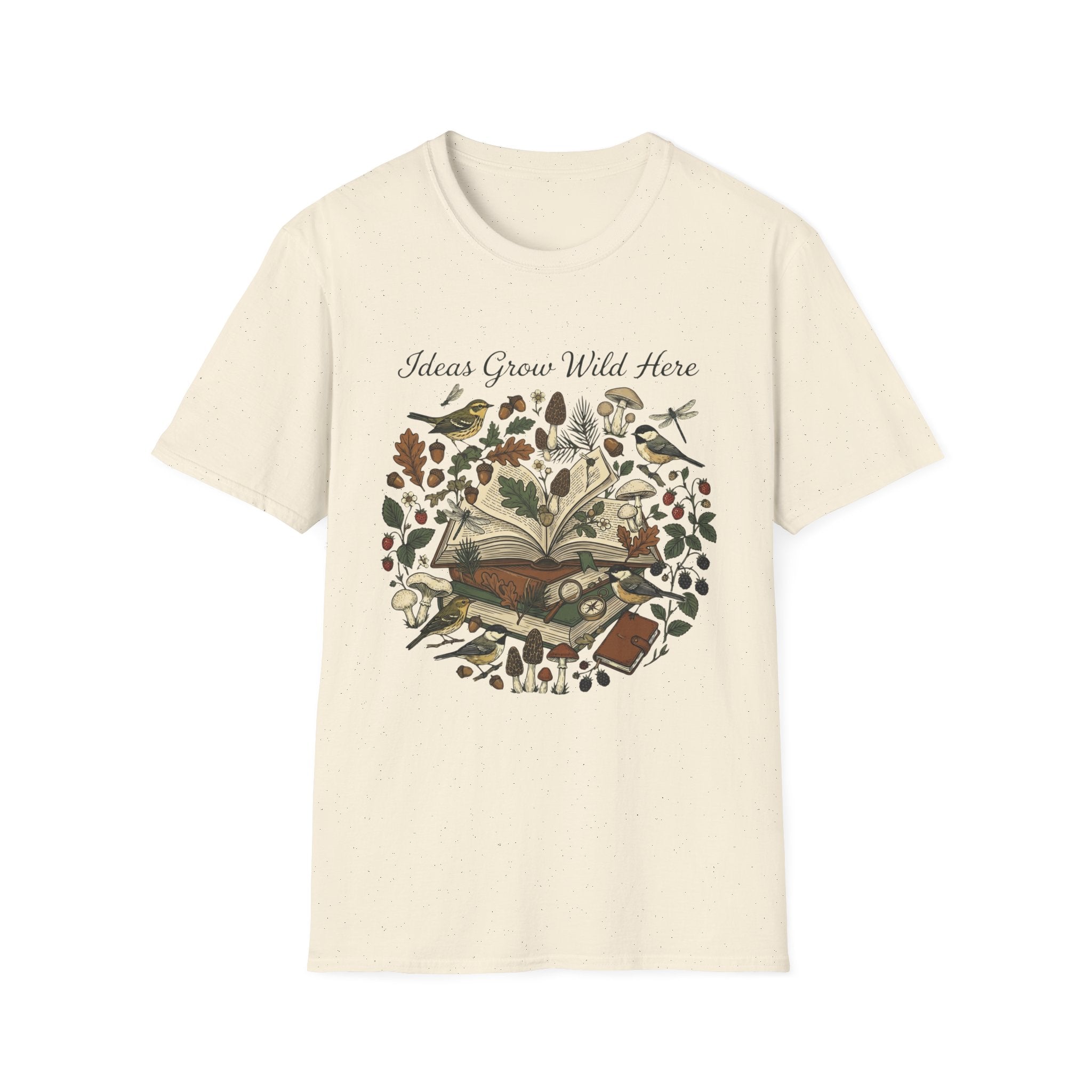 Ideas Grow Wild Here homeschool mom graphic t-shirt with an adventurous homeschool graphic with nature, books, and outdoor learning energy