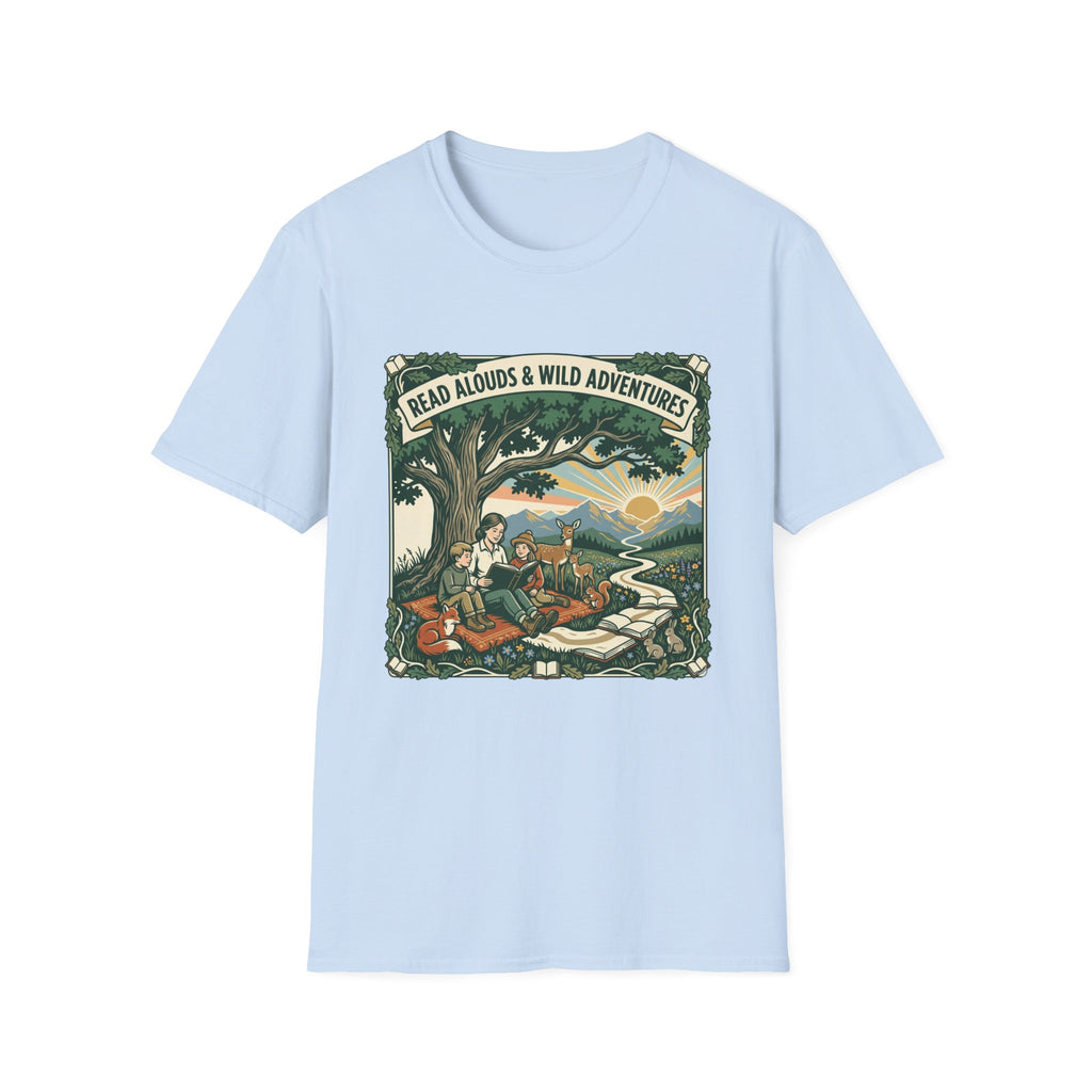 'Read Aloud & Wild Adventures homeschool mom graphic t-shirt with an adventurous homeschool graphic with nature, books, and outdoor learning energy
