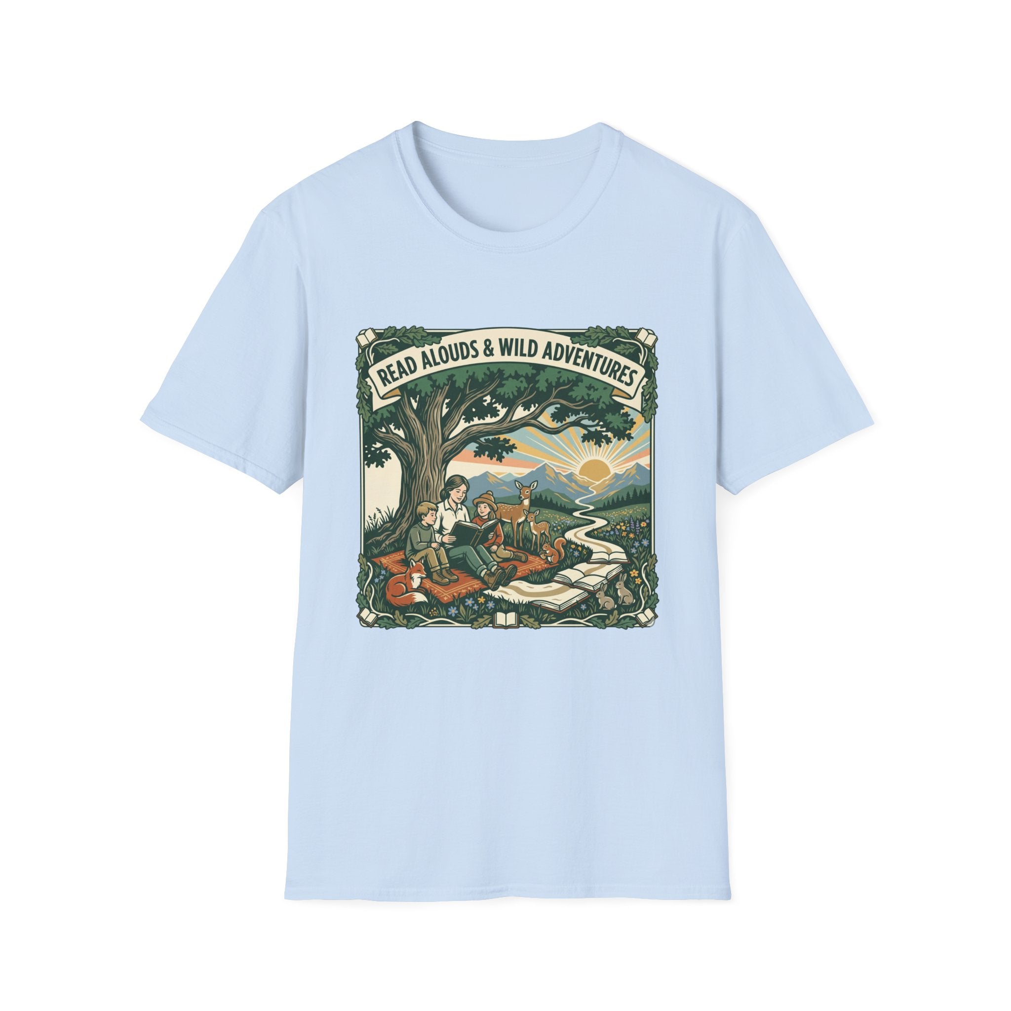 'Read Aloud & Wild Adventures homeschool mom graphic t-shirt with an adventurous homeschool graphic with nature, books, and outdoor learning energy