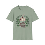 I Can I Am I Ought I Will homeschool mom graphic t-shirt with a Charlotte Mason-inspired design with nature details, bookish elements, and classic homeschool lettering