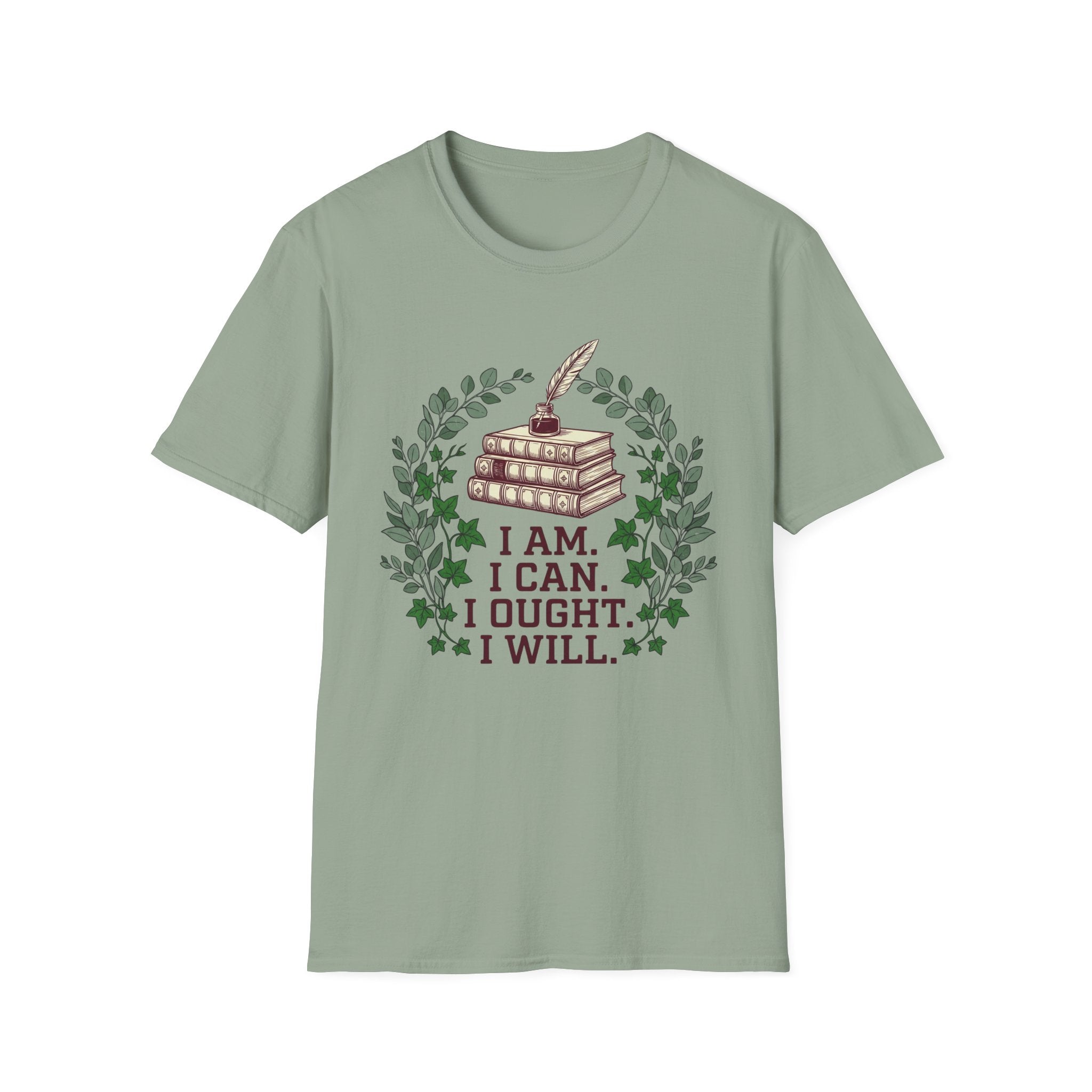 I Can I Am I Ought I Will homeschool mom graphic t-shirt with a Charlotte Mason-inspired design with nature details, bookish elements, and classic homeschool lettering