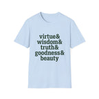 Virtue & Wisdom Check List homeschool mom graphic t-shirt with a playful checklist-style homeschool graphic with bookish and nature-inspired details