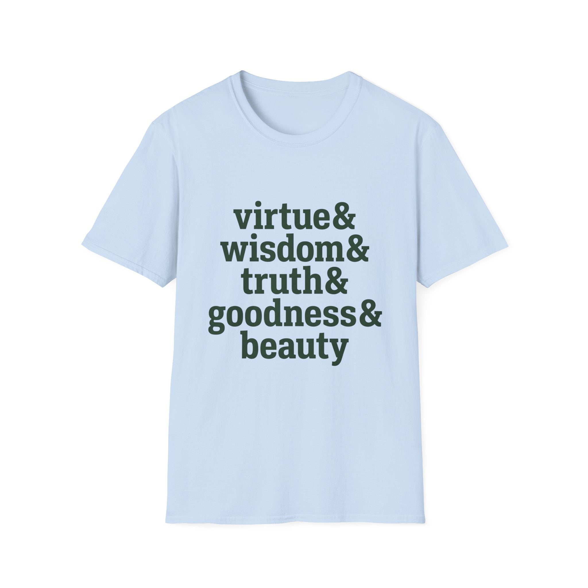 Virtue & Wisdom Check List homeschool mom graphic t-shirt with a playful checklist-style homeschool graphic with bookish and nature-inspired details